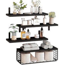 XHGUKC Wood Floating Shelves Bathroom Wall Mounted, 4PCS Floating Shelves with Storage Basket for Room Decor and Over Toilet, Kitchen, Living Room, Picture Ledge (Black)