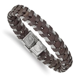 Auriga Fine Jewelry Stainless Steel Polished Cable and Brown Leather Bracelet 8.25"