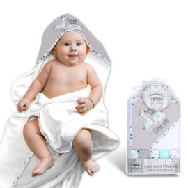 Mother's Choice Giraffe Hooded Towel for Newborn Babies and Kids + 5 Face Cloths Set - Quick Dry and Lightweight Fabric: knitted terry