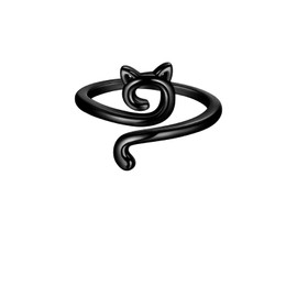 QKEOISUD Black Cat Rings for Women,Alloy Cute Animal Crochet Tail Finger Ring Adjustable Open for Sisters Friends Cats Lover Jewelry Presents