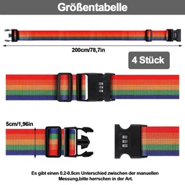 Suitcase Straps, Pack of 4 Suitcase Strap, Suitcase Strap with Combination Lock, 200 x 5 cm Suitcase Strap, with Password Lock and Information Card, Adjustable Length, Luggage Binding Strap, Rainbow