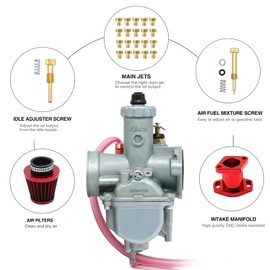 VM22 26mm Carburetor Kit for Mikuni Performance Predator 212cc GX160 GX200 CT200U 196cc KT196 Pit Dirt Bike Mini Bike with 38mm Air Filter Intake Mainfold Idle Adjuster Screw Mixture Screw Kit (Red)