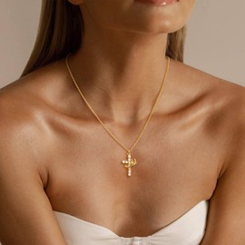 HABIKIP Cross Necklace for Women, Dainty 14k Gold Plated Diamond Cross Crown Pendant Gold Necklaces Trendy Cubic Zirconia Non Tarnish Adjustable Gold Chain Necklace Simple Cute Jewelry Gifts for Women