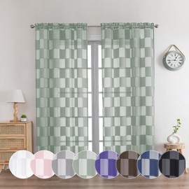 OVZME Barry Sage Green Sheer Curtains 72 Inch Length 2 Panels - Checkered Light Filtering Soft Airy Voile, Clip Jacquard Textured Drapes for Bedroom Living Room Window, Dual Rod Pocket, 42Wx72L