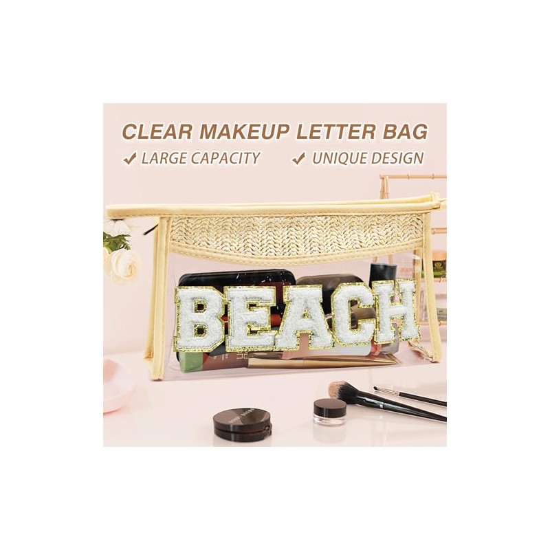 Bolsa de maquillaje con letra de chenilla con purpurina, capacidad