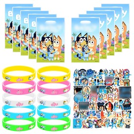 Bluey Party Children's Birthday Party Favours Party Bag Set 70 Pieces Bluey Give Aways Children's Birthday Party Favours Party Gift Packs with Multiple Elements Bracelet Gift Bag Stickers for Children