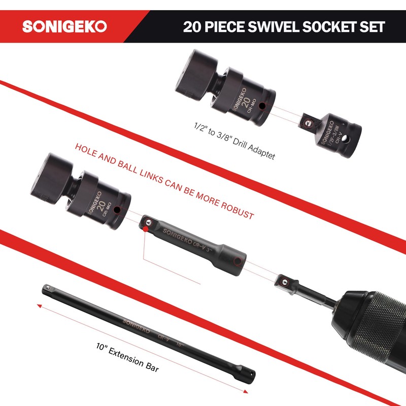 SONIGEKO 3/8" Drive Impact Swivel Socket Set, 20 Piece Swivel