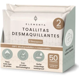 Elementa Toallitas Desmaquillantes, Toallitas Húmedas para Desmaquillar Ojos y Rostro, con Aloe Vera y Vitamina E, Hipoalergénicas, Biodegradables 50 Toallitas (2 paquetes de 25)