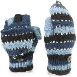 LOUDelephant Chunky Wool Knit Fingerless Shooter Gloves - Stripe - Blue & Black