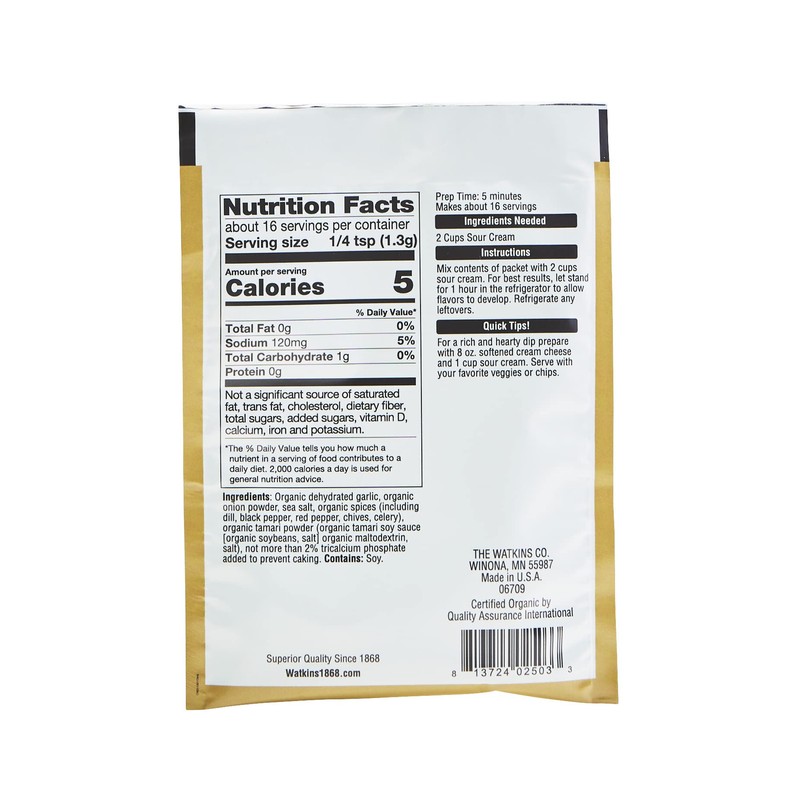 Watkins Organic Gourmet Dip Mix, Garlic & Dill, 0.74 oz.