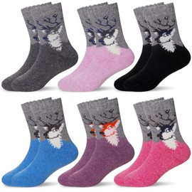 Girls Boys Wool Thick Socks Soft Warm Thermal For Kid Child Toddlers Winter Crew Socks 6 Pairs (Deer, 8-12 Years)