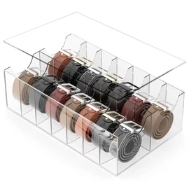 Large Acrylic Belt Organizer, Clear 14 Compartments Storage with Dust Cover, Display Holder for Home
