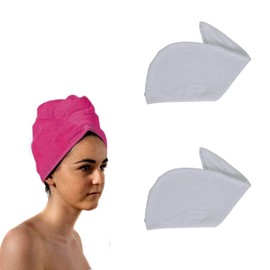 aztex Set of 2 Hair Turban Towels, Head Wrap Towel, Hair Drying Towel with Loop and Button Fastener, Absorbent and Lightweight Cotton, 64 x 23cm - 2 x White