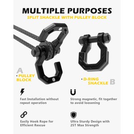 A-BOAR D-Ring Split Shackle with Pulley Block, Towing Winch Snatch Block & 3/4" Split Shackle 2in1 Set, 57320lbs(26T) Breaking Strength, for Recovery, BlackBlack
