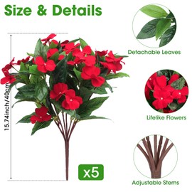 Besteek 5 Pcs Artificial Flowers for Outdoors Silk Impatiens Flowers Bouquet Decorations Fake Faux Plants UV Resistant for Spring Summer Garden Porch Patio Window Box Balcony Planters Home, Red