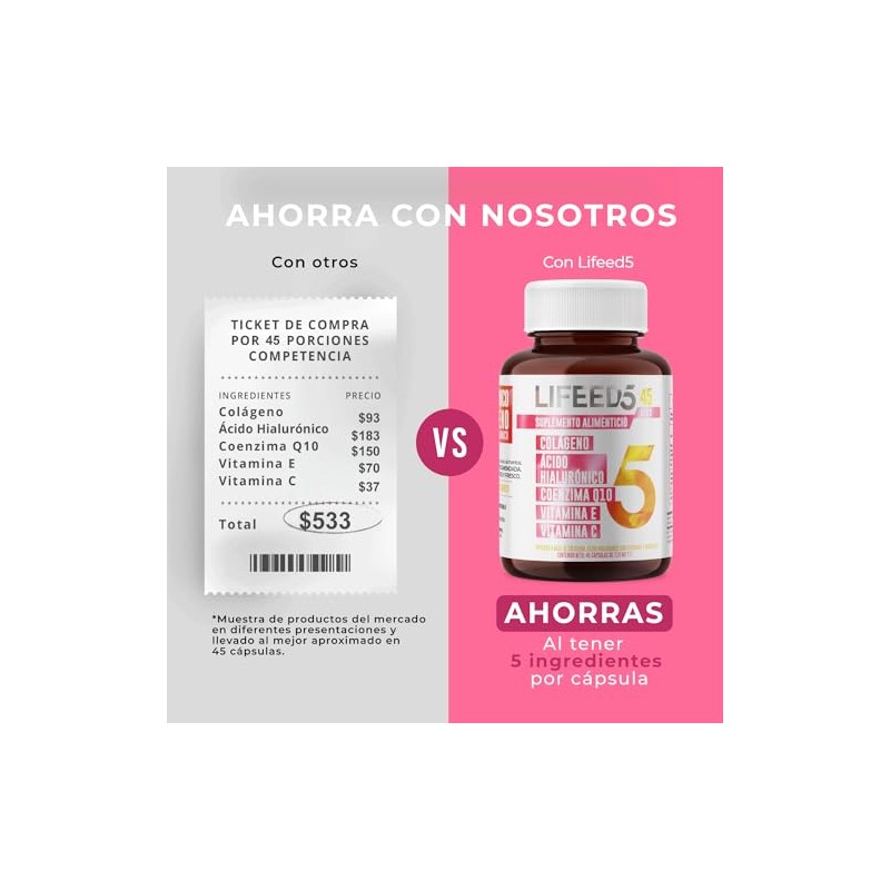 LIFEED5 Skin con Ácido Hialurónico y Colágeno 45 cápsulas715mg pporción