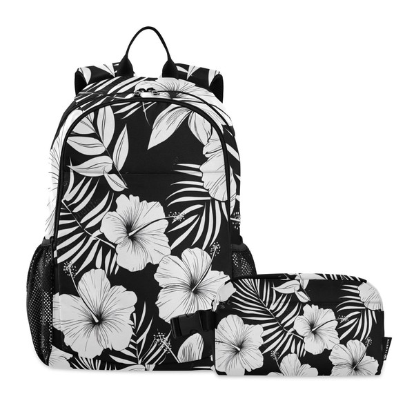 Backpack with Lunch Bag Bookbag Set,Hibiscus Flower Black White Pattern