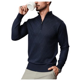 SOLY HUX Plaid Sweaters for Men Half Zip Mock Neck Long Sleeve Knit Argyle Sweater Pullover Tops Dark Blue Argyle Large