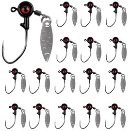 Crappie Jigs Big Eye Jig Heads, 16Pcs Flat Round Head Jig Hooks Spinner Blades Fishing Hooks Painted Fishing Jigs Lures for Bass Trout (Black, 3/16oz)