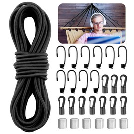 Bungee Cord 6 mm x 10 m, Black Shock Cord, Round Elastic Rope with Hooks and Aluminum Crimping Loop Sleeve, Bungee Rope for Tarpaulin, Trailer, Backpack, Tent Pole, DIY Craft Projects