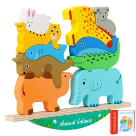 Haerzon 12 PCS Juguetes Montessori de Equilibrio Animal para Niños 2+ Años | Juego de Apilamiento Educativo con 10 Animales y 20 Tarjetas de Desafío | Regalo Creativo para Aprender Colores y Formas