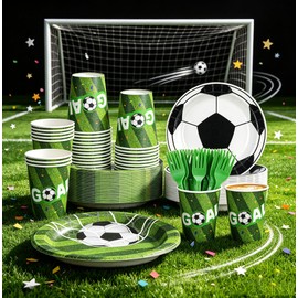 100Pcs Soccer Party Disposable Tableware Set, 8.5inch & 7inch Paper Plates, 8oz Paper Cups, Green Plastic Sporks, Serves 25 Guests, Football Birthday Party Supplies