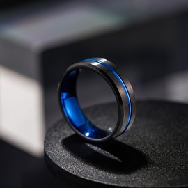 Greenpod 8mm Mens Black Tungsten Ring with Thin Blue Groove Beveled Edge Promise Ring I Love You Comfort Fit Size 12