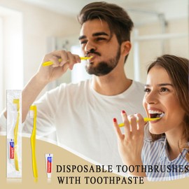 Xuezoioy Disposable Toothbrushes with Toothpaste,100 Pack Yellow Hollow Individually Wrapped Disposable Travel Toothbrushes Kit in Bulk for Homeless,Nursing Home,Hotel,Charity
