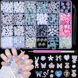 editTime White 3D Mix Color Nail Art Charms Kit, Resin Camellia Rose Magritte Flower Butterfly Bow Moon Heart Love Star Bear Snake Crown Hollow Pearl Nail Charms with Tweezers and Pickup Pen(C5-white)