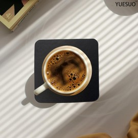 YUESUO Double-Sided Leather Coasters Set of 6 Pieces, Round Coasters for Drinks, Durable Non-Slip Insulative Waterproof Coasters Suitable for Regular Size Cups, Coffee Cups (Black-Square)