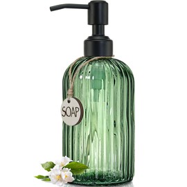 JASAI 18Oz Green Glass Soap Dispenser with Black Rust Proof Pump, Refillable Bathroom soap Dispenser with Thick Glass, Soap Dispenser Bathroom for Kitchen Dish soap, Hand Soap, Lotion, Body Wash.