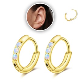 1Pair 6mm Opal Small Hoop Earrings for Women,Dainty 14K Gold Plated Hypoallergenic Hinge Huggie Cartilage Hoop Earrings Can Be Used as a Helix/Rook/Conch earrings for Multiple Piercings