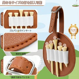 Golf Tee Holder 1 Pack Golf Tee Carry Pouch Bag Golf Spike Storage 5 Holes Elastic Band Insert Portable Adjustable Buckle Golf Spike Pocket Golf Enthusiast Men Women with Wood Spikes 5pcs (Brown