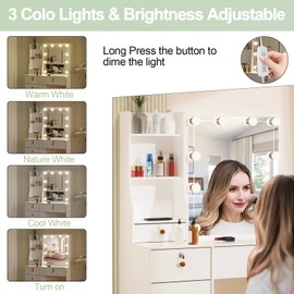 Jansaimei Modern Makeup Vanity Set with 6 Storage Drawers, Multifunctional Table with 3 Color Light Settings and Soft Stool, Dressing Desk with Cabinets for Girls and Women