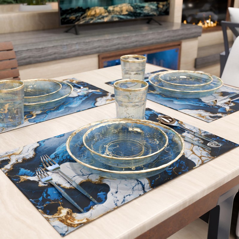 MARBLELIZED - Washable American Placemats, Blue Marble Effect Fabric Placemats,
