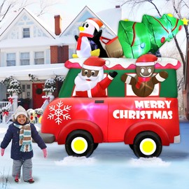 8 Ft Tall 8 Ft Long Giant Christmas Inflatable Black Santa Claus in Truck Outdoor Decoration with Gingerbread Penguin Xmas Tree, Built-in Light Xmas Black Santa Blow Up Yard Outside Holiday Decor