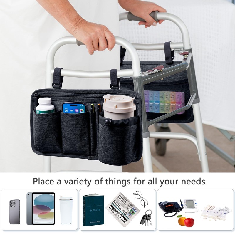 2 Pack Walker Side Bag, Basket for Walker w/Cup Holder