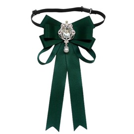 SUNTRADE Women Bowknot Rhinestone Ribbon Bow Brooch Pre-Tied Neck Tie Party Wedding Christmas Gifts Ceremony (Dark Green)
