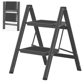 DIAMONDFORGE 2 Step Ladder, Folding Step Stool with Anti-Slip Wide Pedal, Anti-Slip Feet, Sturdiest Steel Construction, Steel Ladder for Home and Office, Black
