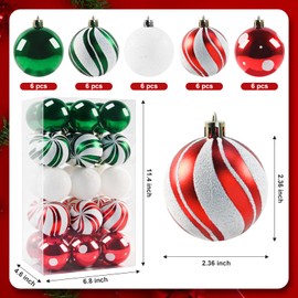 30PCS Christmas Balls Ornaments, 2.36" Red Green White Xmas Balls Decoration, Shatterproof Christmas Balls Ornaments for Christmas Tree, Painting & Glittering Hanging Ball for Party Event