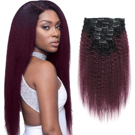 ABH AMAZINGBEAUTY HAIR Kinky Straight Ombre Human Hair Clip in Extensions Double Weft Real Remy Human Hair for Black Women Natural Black Fading Iinto Cherry Wine 7 Pieces 120 Grams KS TN-99J, 16 Inch