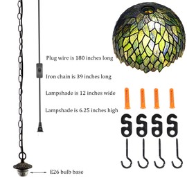MQYXH Stained Glass Plug in Pendant Lamp Multicolor Leafage Vintage Swag Lamp 12X12X180 Inch Hanging Lamps for Dining Room Living Room Office Bedroom or Porch