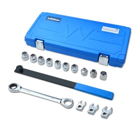 LainKeen 15 Pieces Ratcheting Serpentine Belt Tool Set,Serpentine Belt Removal Installation Tensioner Kit with Reversible Ratcheting Wrench, Socket Adapters, 6-Point Sockets, and Crowfoot Wrenches