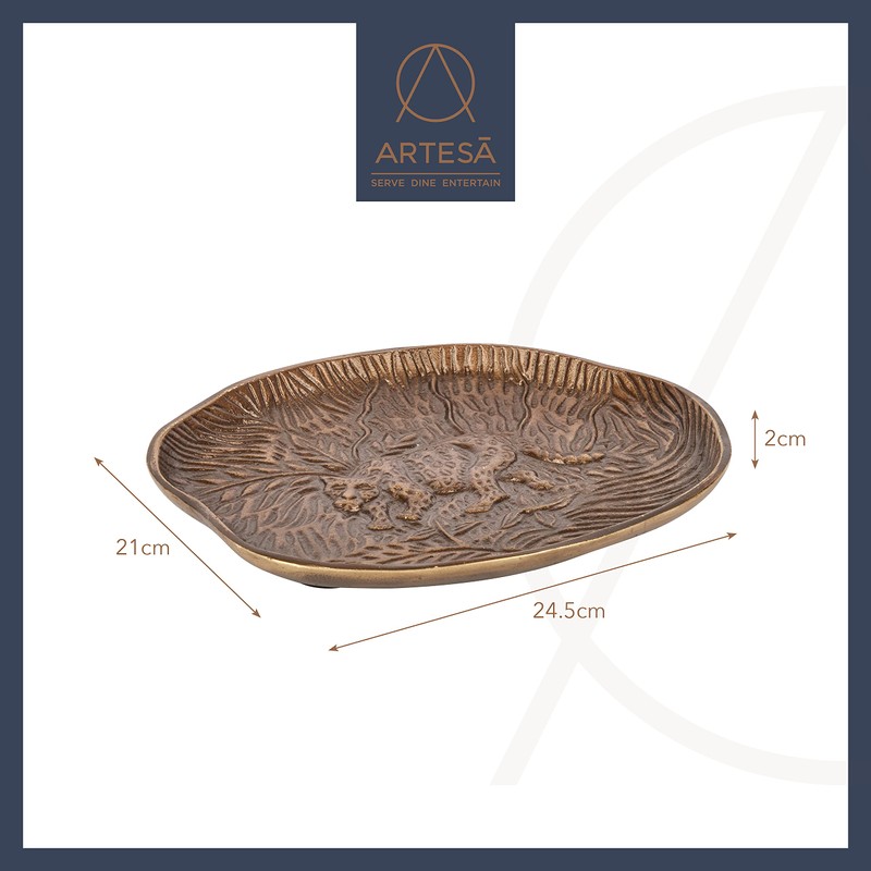 Artesà Oval Serving Platter, Rustic Embossed Metal Plate with Leopard