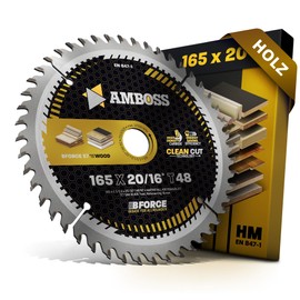 AMBOSS WERKZEUGE HM Circular Saw Blade, 165 x 20/16, Z48, Interchangeable Teeth for Wood, Super Fine Cut, 165 mm, Reducing Ring 16/20 mm, for Bosch GKS 18v-57g, GKT 55, GCE, Makita SP60