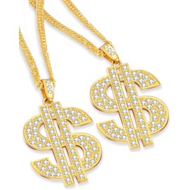 PinCute [2 Pack] 18K Gold Plated Chain for Men/Women Dollar Sign Fake Gold Necklace for Hip-Hop, Gold Digger Costume, 80s 90s Parties, 28 Inches