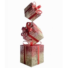 Set of 3 Christmas Lighted Stacked Gift Boxes, Pre-lit 100 LED Light Up Decorations, Outdoor Christmas Decorations Indoor Outside Porch Yard Christmas Tree Lighted Display