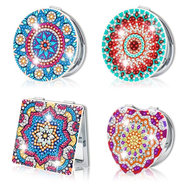 DIY Diamond Painting Pocket Mirror, 4 Pieces Diamond Painting Compact Mirror Portable Personalised Travel Mirror Foldable Purse Mirror for Girls and Women Gifts