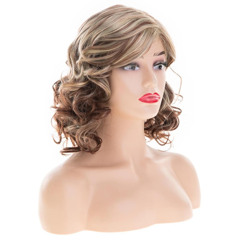 Dsimeig Kurze lockige wellige braune blonde Perücken für Frauen Schulterlänge