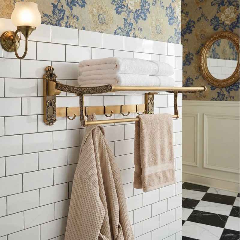 Otoolling Brass Foldable Towel Rack with Hooks, Foldable Wall Mounted